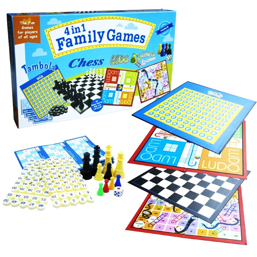 Ekta 4-in-1 Family Board Games Set - Includes Classic Chess, Traditional Ludo, Snakes & Ladders, and Tambola - Ultimate Indoor Family Game Night Collection - Premium Gift Set for All Ages