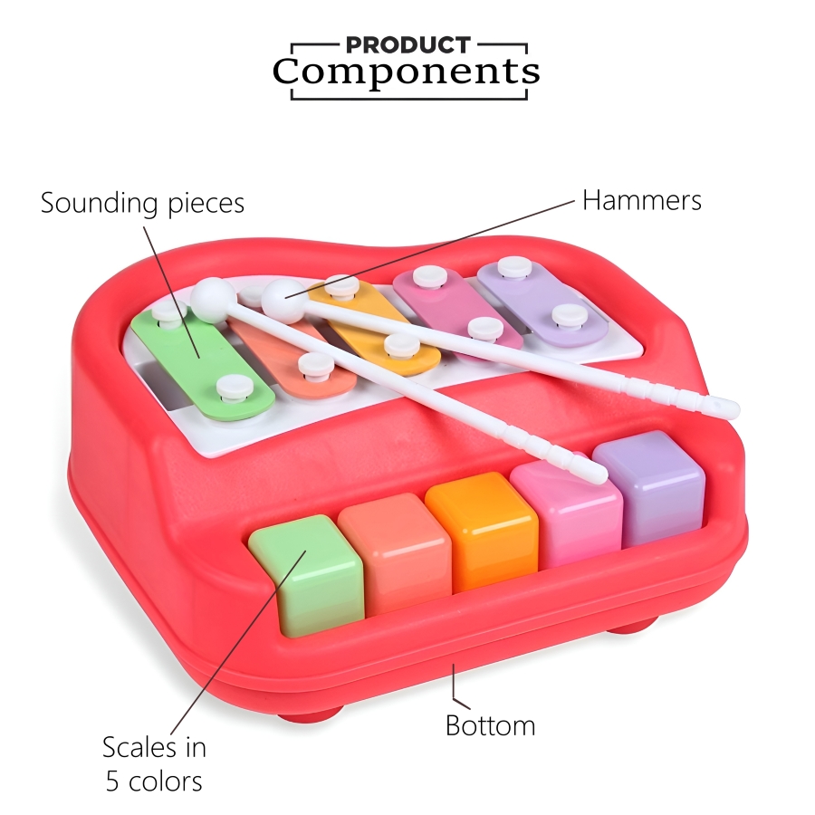 Zuurvi® Musical Piano & Xylophone Set - 5 Key Rainbow Glockenspiel with Mallets - Interactive Music Toy for Boys & Girls - Great Birthday Gift for Ages 1-5 - Assorted Colors (Pack of 1)