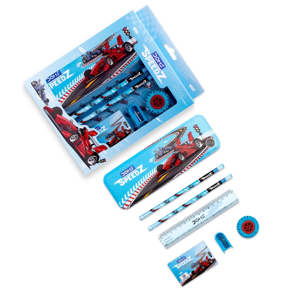 DOMS Speedz Kit Set of 6 – Premium Student Stationery Set with Metal Pencil Box, 12 Wax Crayons, 2 Pencils, Eraser, Scale & Sharpener – Perfect for School & Homework