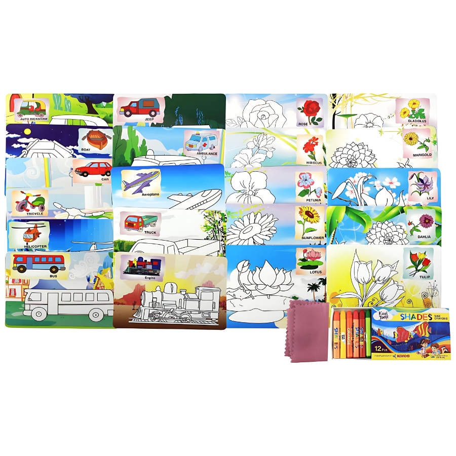 Ekta 2-in-1 Colour & Wipe Flowers & Transport Kit – 24 Reusable Cards with 12 Crayons & Duster – Educational Preschool Picture-Word Recognition Game – Mess-Free Sensory Toy for Kids Ages 3+