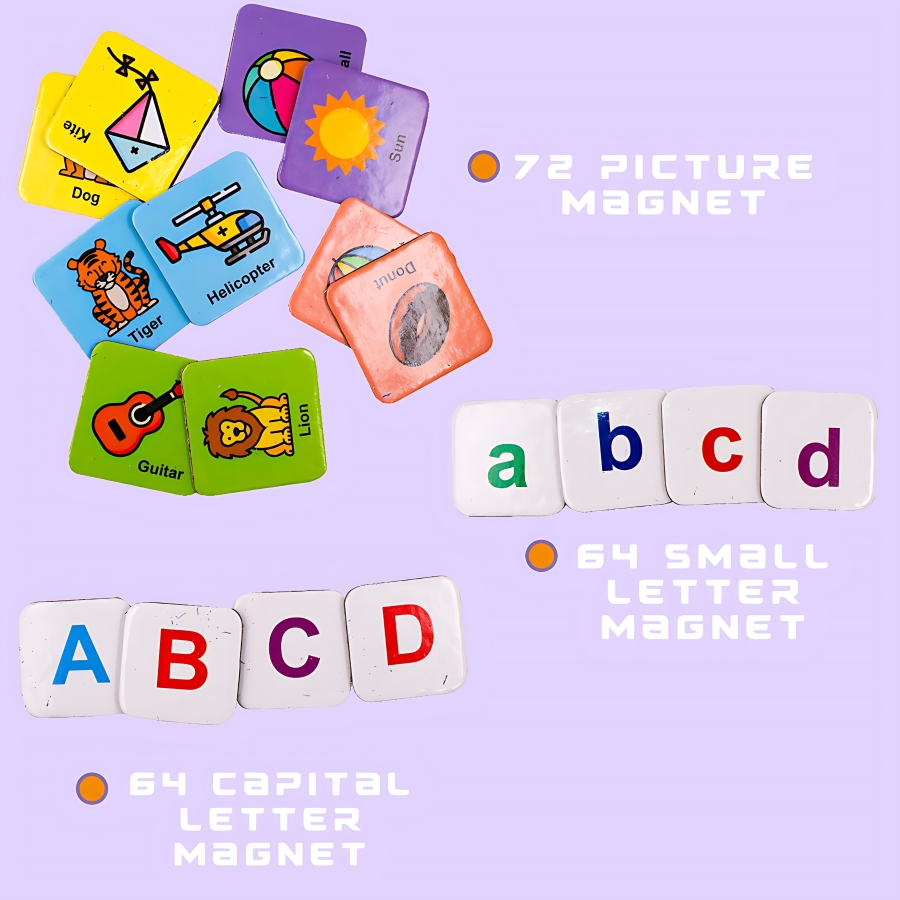 Ekta Magna Play 3-in-1 Alphabet & Words Learning Kit – 200 Magnetic Pieces with Double-Sided Board – Write & Wipe Educational Toy for Spelling & Vocabulary – Includes Display Stand – Ages 6+