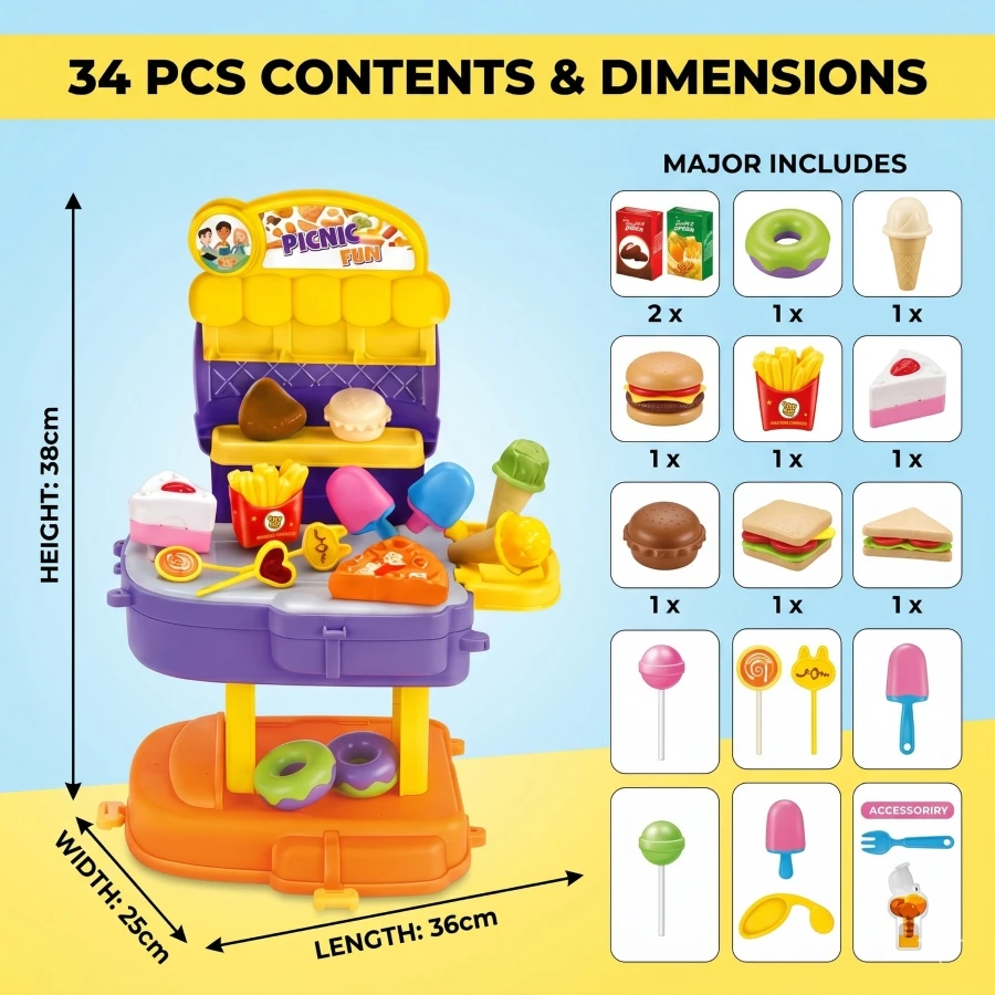 Mamma Mia 34 Pcs Picnic Fun School Bag Toy – Kids Convertible Pretend Play Food Backpack with Mini Plates & Utensils (Ages 3+)