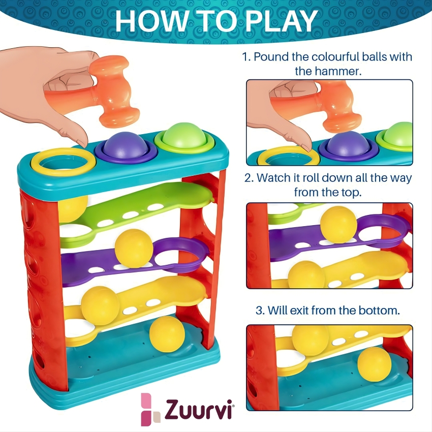 Zuurvi® Non-Toxic Hammer Ball Set for Kids – Durable Pounding Game with 3 Colorful Balls & Mallet – Montessori Learning Toy for 1-3 Year Olds – Perfect Birthday Gift for Toddlers