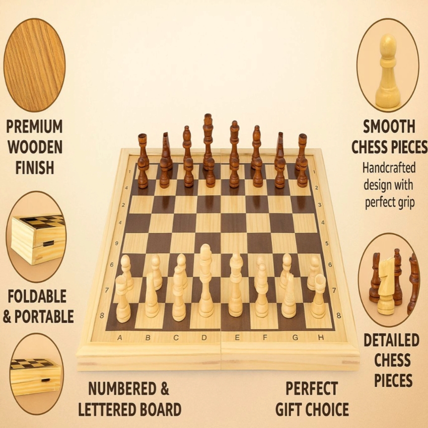Awals Wooden Folding Chess Set – Handcrafted Classic Board Game for Kids & Adults – Portable Travel Chess Board with Magnetic Pieces – Elegant Wooden Strategy Game for Gifting