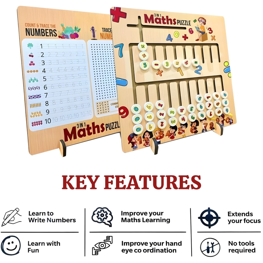 heKu 3-in-1 Wooden Maths Puzzle – Montessori Educational Toy for Toddlers – Counting, Number Recognition & Basic Arithmetic Set – Safe & Non-Toxic – Ages 6+ Years