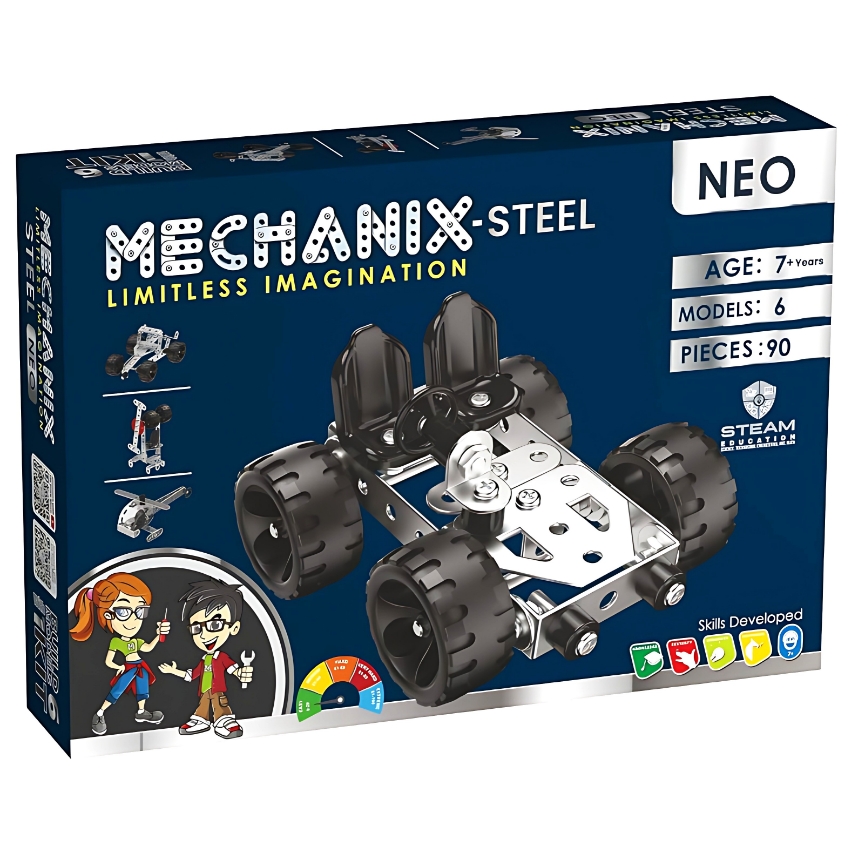 Zephyr Mechanix Steel Neo – 90 Piece 6-in-1 DIY Building Set – Metal Construction Toy for Kids – 6 Model Engineering Kit – Enhances Logic & Creativity