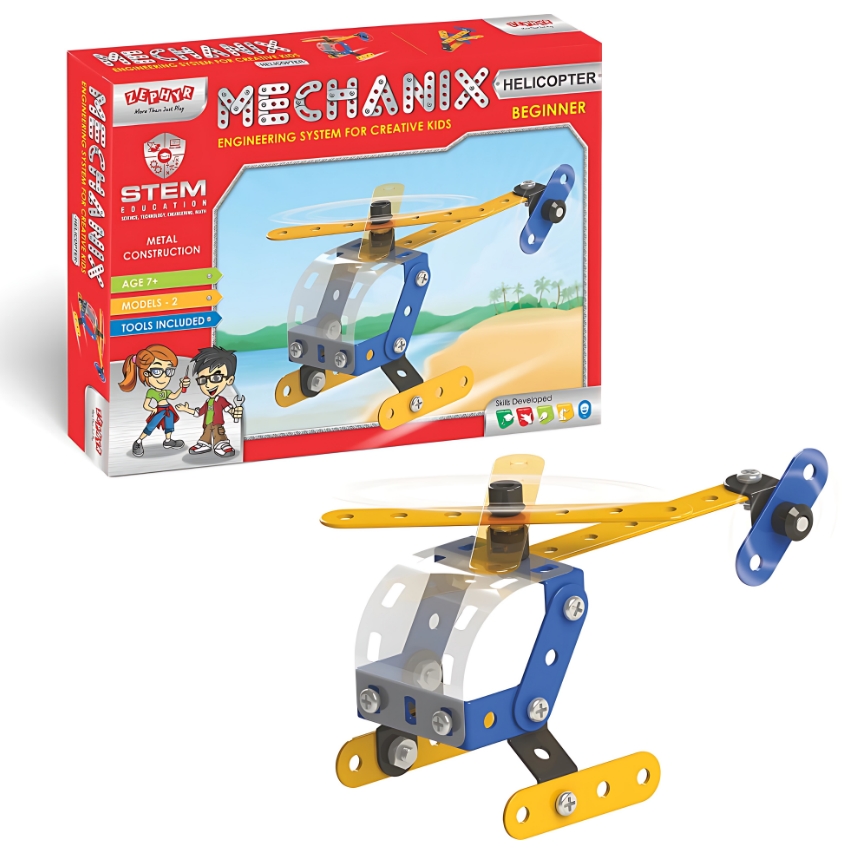 Zephyr Mechanix Beginner Helicopter STEM Building Set – 2-in-1 Metal Construction Toy for Kids Ages 7+ – Introductory Engineering Kit – Builds Helicopter & Plane Models