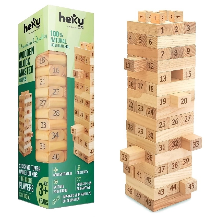 heKu Wooden Block Master 48 PCS – Classic Stacking Tower & Tumbling Game – Premium Handcrafted Wooden Building Blocks for Kids & Adults – Strategy & Skill Toy – Ages 3+