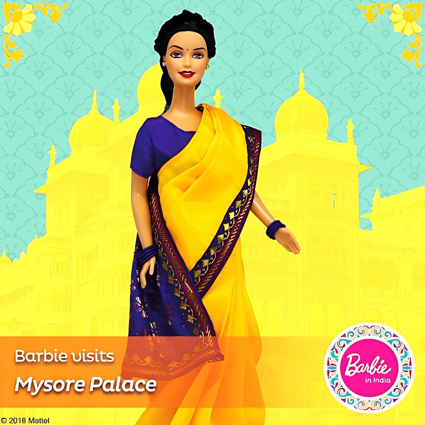Barbie Visits Mysore Palace (India) – 12-inch Ethnic Indian Doll in Vibrant Yellow & Blue Saree – Travel Series Storytelling Toy – Perfect Cultural Gift & Souvenir for Kids – Authentic Design