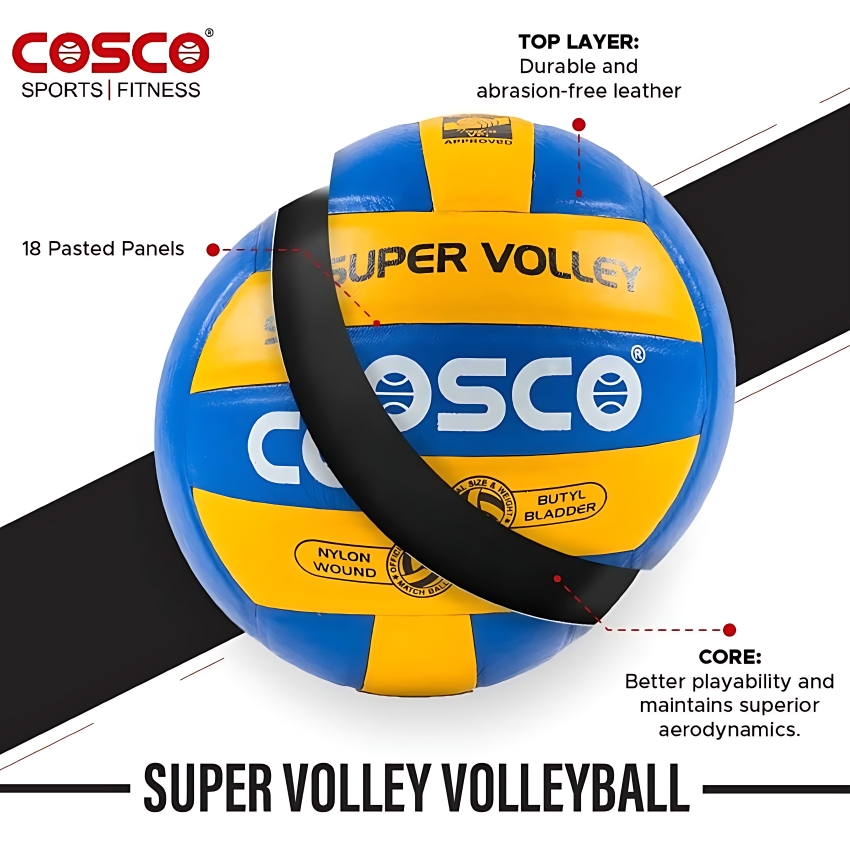 Cosco Super Volleyball – VFI Approved Professional Match Ball – Genuine Leather 18-Panel Design – High-Durability Training Ball with Butyl Bladder – Official Tournament Size