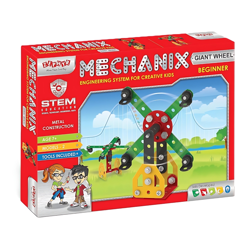 Zephyr Mechanix Beginner Giant Wheel STEM Building Set – 2-in-1 Metal Construction Toy for Kids Ages 7+ – Introductory Engineering Kit – Builds Ferris Wheel & Windmill Models