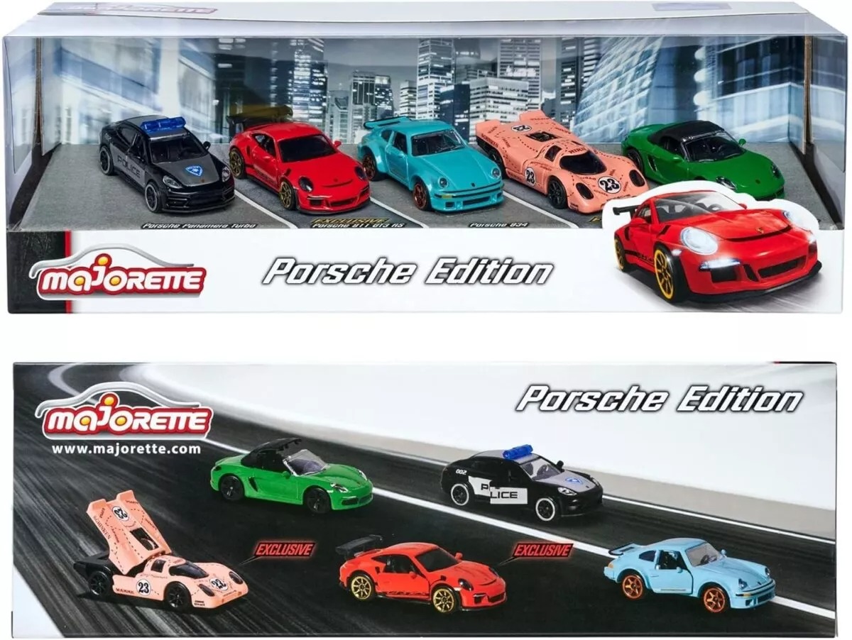 Majorette Porsche Toy Car Gift Set (Pack of 5) - 1:64 Scale Premium Diecast Racing Cars for Kids & Collectors - Features Moving Parts & Suspension