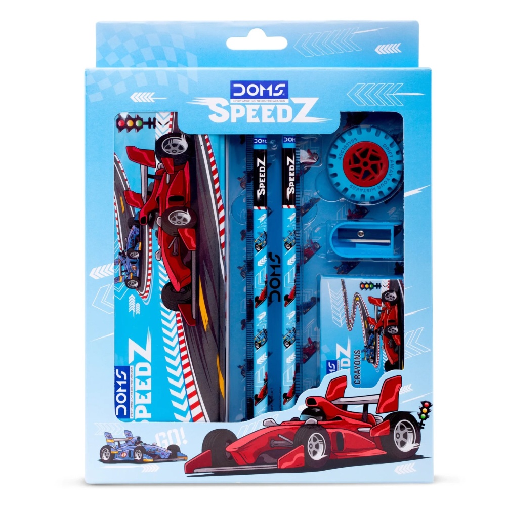 DOMS Speedz Kit Set of 6 – Premium Student Stationery Set with Metal Pencil Box, 12 Wax Crayons, 2 Pencils, Eraser, Scale & Sharpener – Perfect for School & Homework
