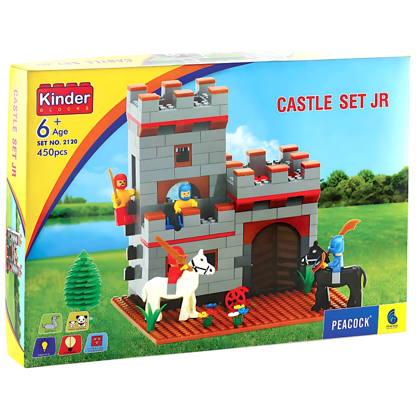 Peacock Smart Blocks Castle Set Junior – 450 Piece Interlocking Building Kit – 3D Medieval Fortress Construction Toy with Warriors & Horses – STEM Educational Set – Ages 6+ Years