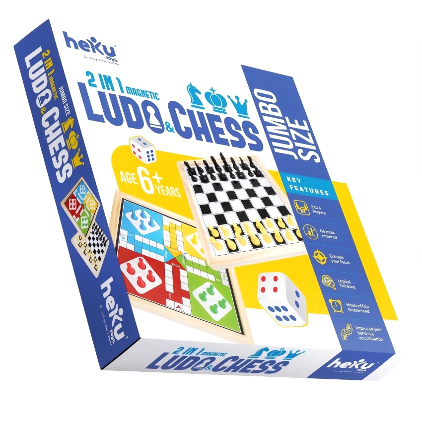 heKu 2-in-1 Magnetic Ludo & Chess Jumbo Size – Large Wooden Reversible Game Board – Premium Handcrafted Construction with Magnetic Coins & Pieces – Ages 6+ Years
