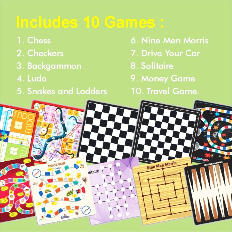 Ekta 10-in-1 Classic Family Board Games Collection – Includes Ludo, Snakes & Ladders, Chess, Chinese Checkers & More – Ultimate Indoor Strategy & Party Game Set – Gift for Kids & Adults Ages 5+
