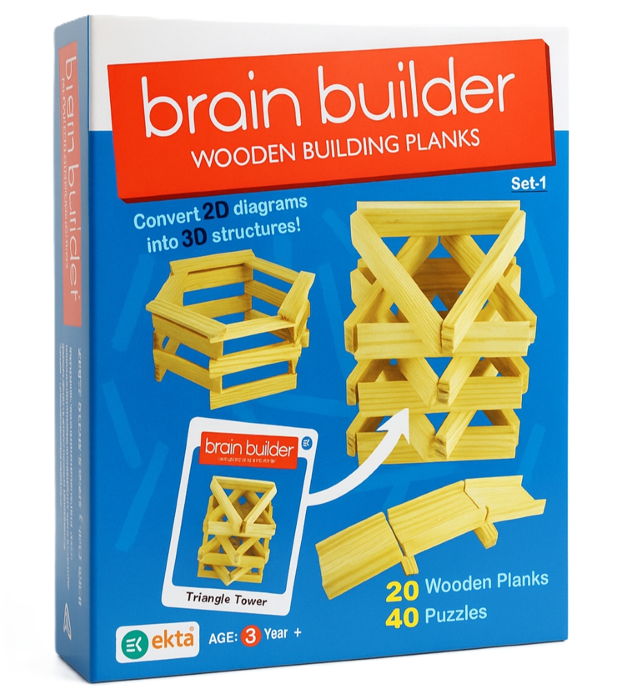 Ekta Brain Builder Wooden Building Planks Set-1 – 60 Pcs STEM Construction Toy – 20 Precision Wood Planks & 40 3D Puzzles – Montessori Educational Gift for Creative Thinking – Ages 4 to 12 Years