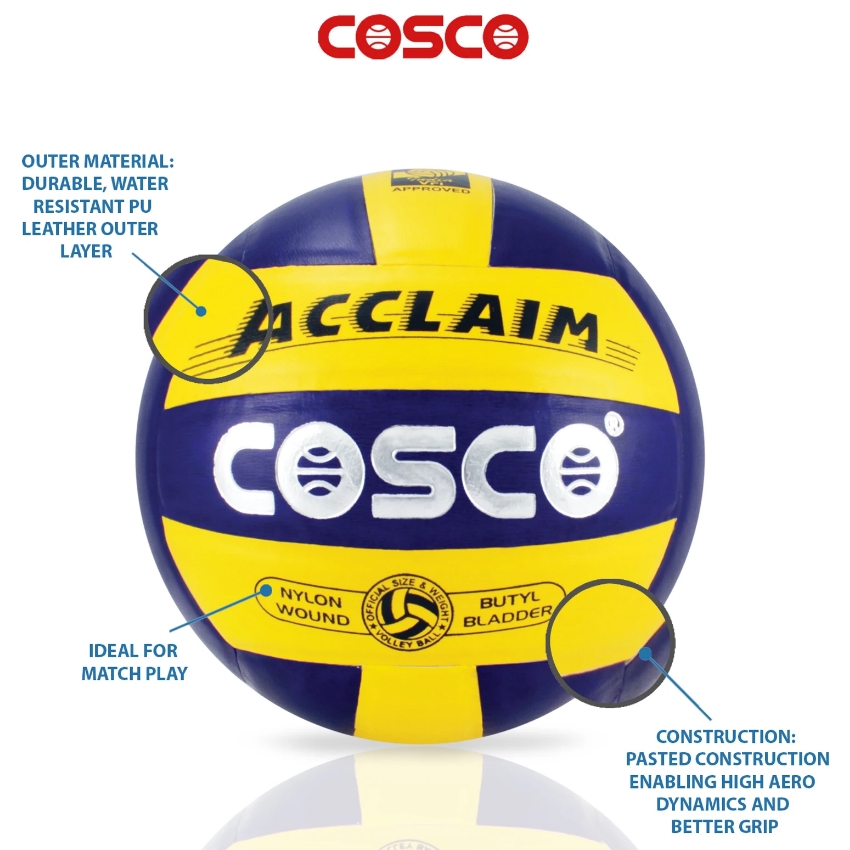 Cosco Acclaim Volleyball – VFI Approved Professional Match Ball – PU Leather Pasted 18-Panel Design – Floating Bladder Technology for Soft Touch – Official Size 4 Tournament Ball