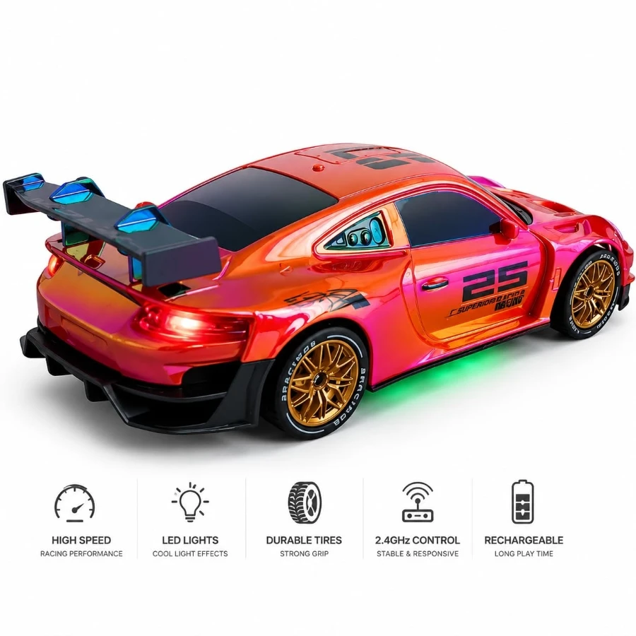 BigFun Toys 2-in-1 RC Drift Racing Car – 1:24 Scale 4WD High Speed 2.4GHz Remote Control Car with LED Lights, Extra Drift Tyres & Traffic Cones | Pack of 1, Assorted Colors