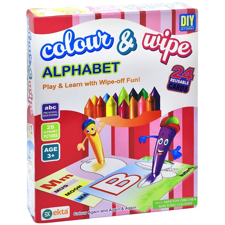Ekta Colour & Wipe Alphabet Play and Learn – 24 Reusable ABC Flashcards with Crayons & Duster – Educational Preschool Writing & Drawing Kit – Mess-Free Picture-Word Recognition Game – Ages 3 to 5 Years