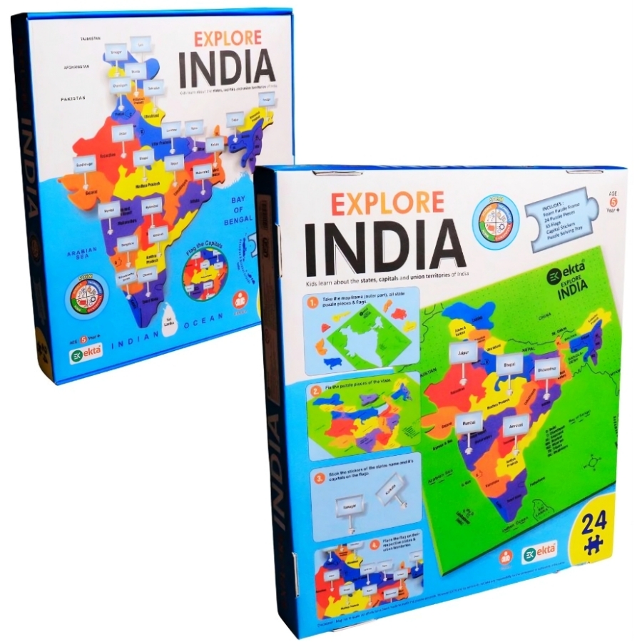 Ekta Explore India Map Foam Puzzle for Kids – 24 Piece State-Shaped Jigsaw with 35 Flags & Capital Stickers – Educational STEM Geography Game – Ages 3 to 10 Years