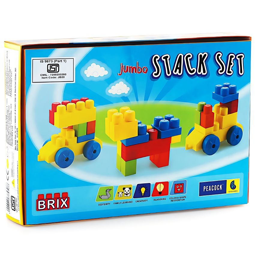 Peacock Jumbo Brix 20 Duplex Box – 20 Piece Extra Large Building Blocks – STEM Educational Construction Toy for Toddlers – Safe & Non-Toxic First Building Set – Ages 3+ Months