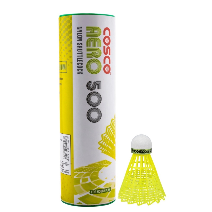 Cosco Aero 500 Nylon Shuttlecock (Pack of 6) – High Durability Training Shuttle – Fast 0.05s Recovery Time with Strong Cork Base – Stable Flight for Club & Hobby Play – Yellow