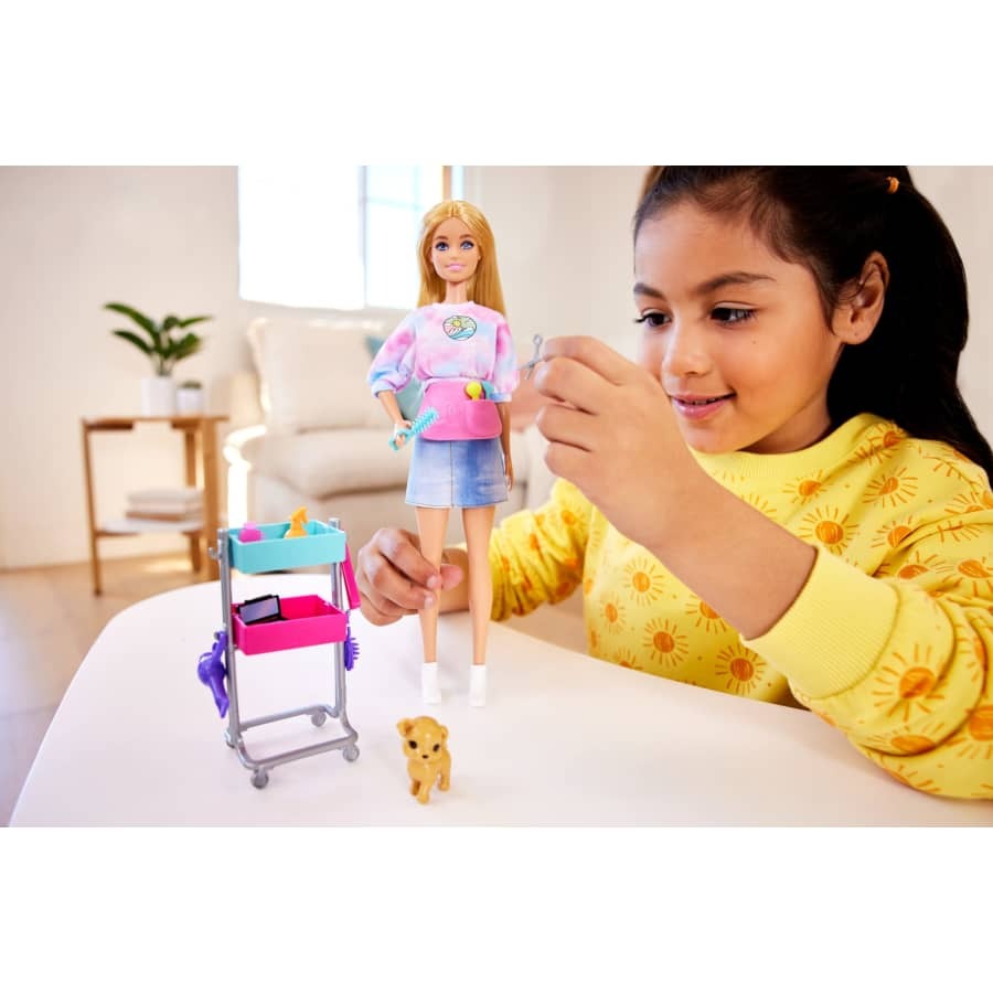 Barbie Malibu Stylist Doll Playset - 15 Pieces Total - Professional Hair & Makeup Salon Theme with Vanity Cart, Pet Puppy & Beauty Tools - Creative Career Toy for Kids Ages 3+