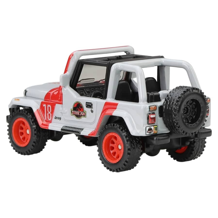 Hot Wheels Jurassic Park Jeep Wrangler Sahara '92 – Premium Pop Culture Series – 1:64 Diecast Vehicle with Authentic Movie Livery – Real Riders Wheels – Mattel JBL59