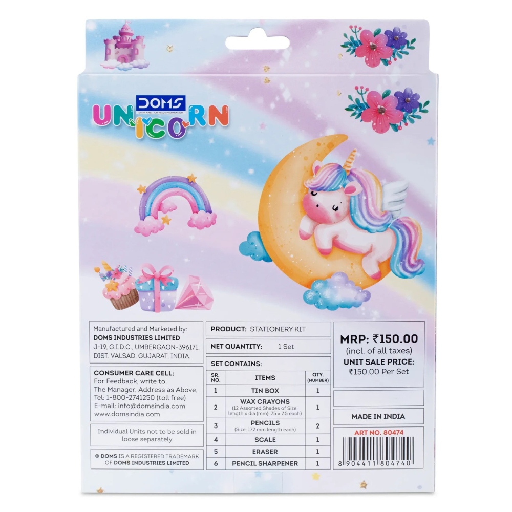 DOMS Unicorn Kit Set of 6 – Premium Stationery Set with Tin Compass Box, 12 Shades Wax Crayons, 2 Pencils, Eraser & Sharpener – All-in-One School Supply Kit – Multicolor