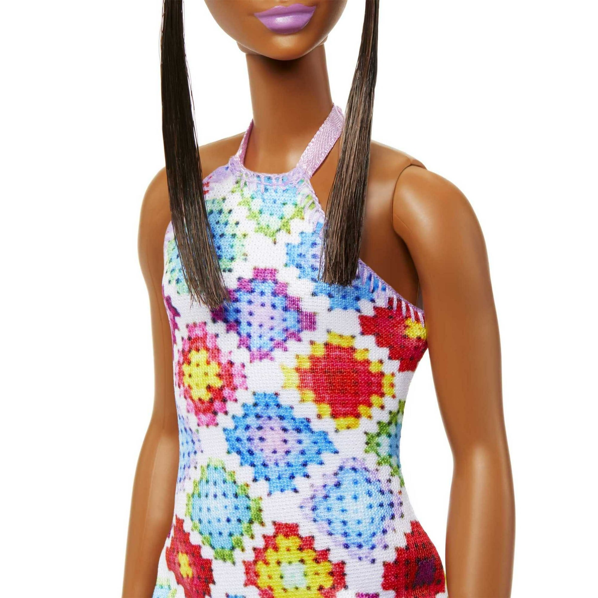 Barbie Fashionistas #210 Doll - Straight Hair in Top-Knot Bun wearing Multi-Color Crochet Dress - 12-Inch Stylish Barbie Toy