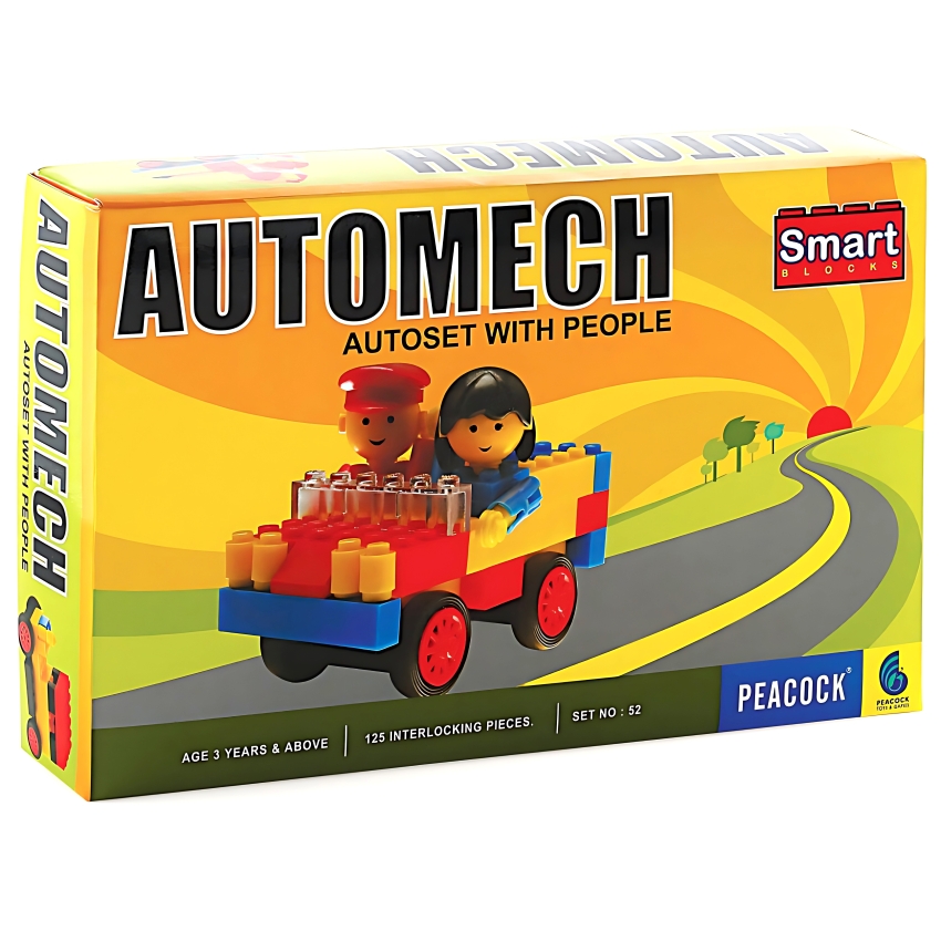 Peacock Smart Blocks Automech – 125 Piece Premium Interlocking Blocks – 3D Vehicle Building Set with People Figures – STEM Educational Toy for Kids – Ages 4+ Years