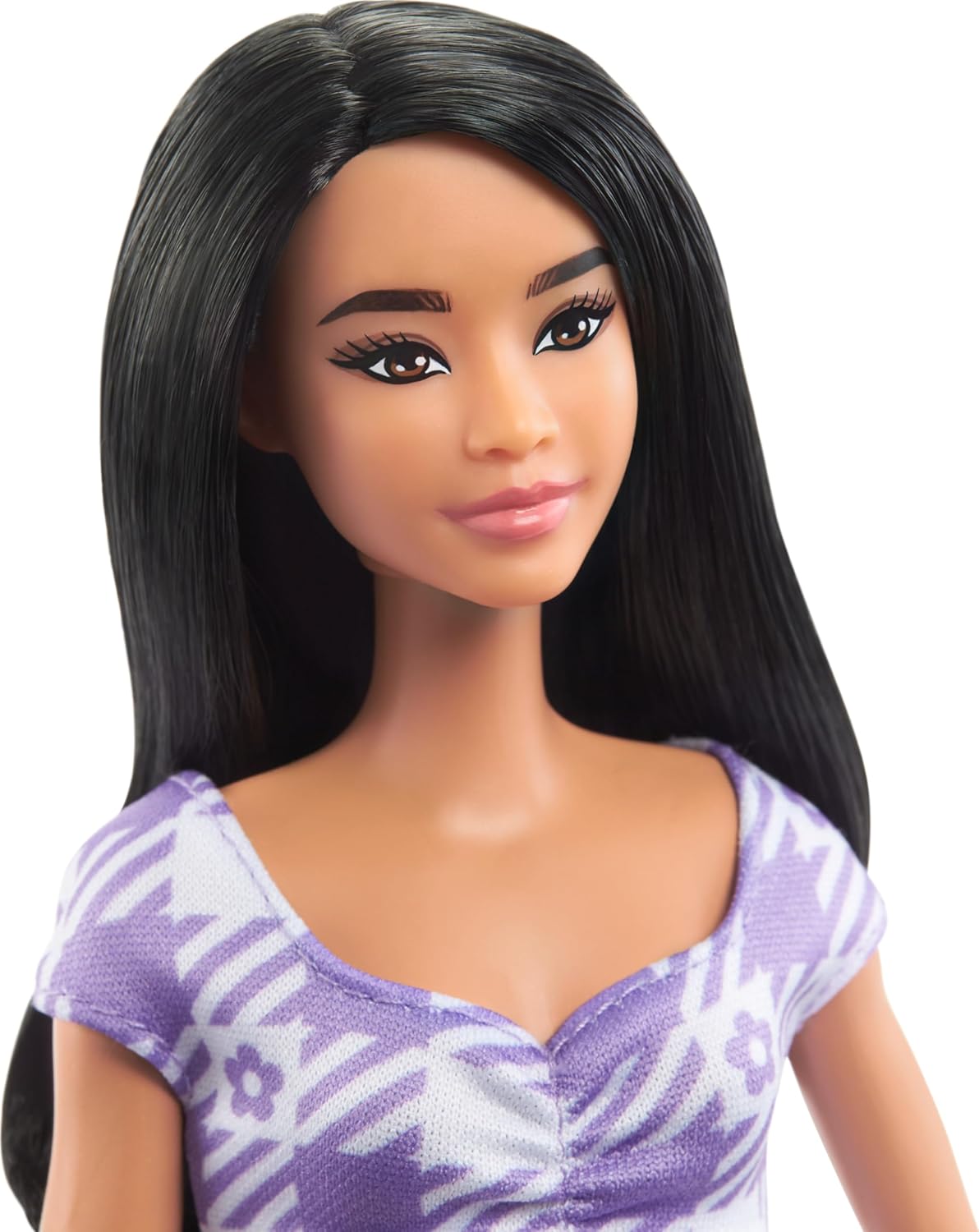 Barbie Fashionistas Doll #199 – Curvy & Tall Body Type with Wavy Black Hair – Purple & White Gingham Cut-Out Dress, Pink Sandals & Scrunchie Bracelet – Toy Gift for Kids & Collectors Ages 3+