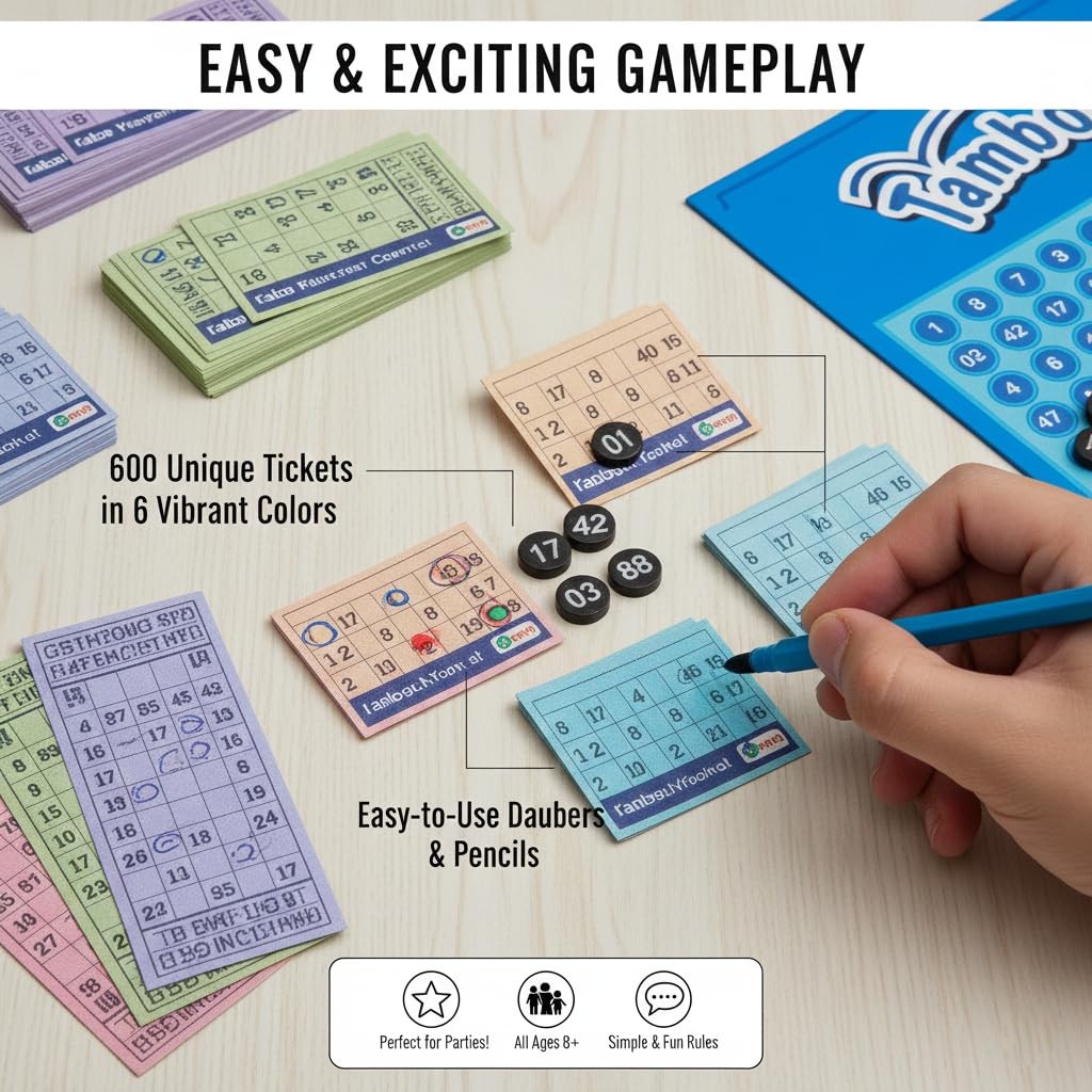 Ekta Tambola Board Game for All Ages – Classic Housie & Bingo Set with 90 Number Tiles, 600 Different Tickets & Durable Playing Board – Ultimate Party Game for Large Groups & Family Nights – Ages 7+