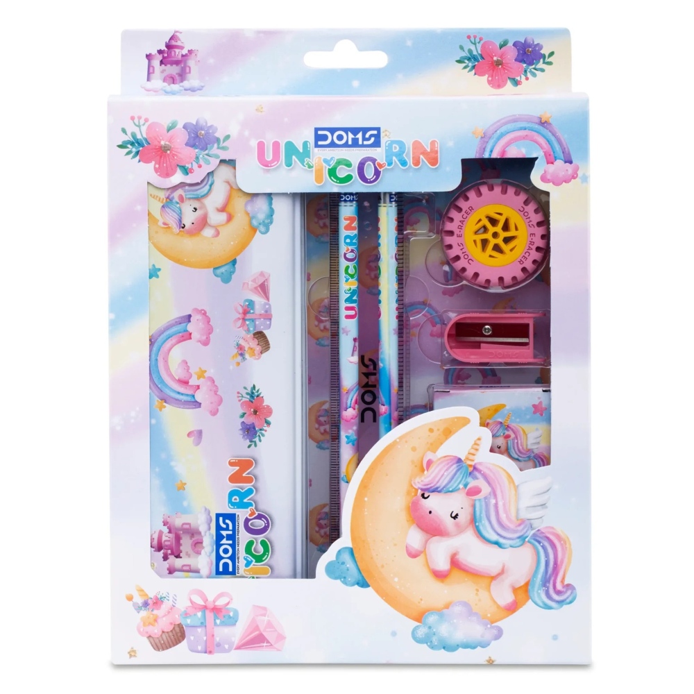 DOMS Unicorn Kit Set of 6 – Premium Stationery Set with Tin Compass Box, 12 Shades Wax Crayons, 2 Pencils, Eraser & Sharpener – All-in-One School Supply Kit – Multicolor