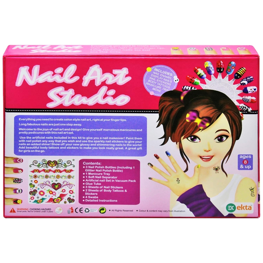 Ekta Nail Art Studio Kit for Girls – Complete DIY Salon Set with 3 Nail Polishes, Artificial Nails & Sparkly Stickers – Non-Toxic & Safe Beauty Toy for Kids – Creative Gift for Ages 8 to 12 Years