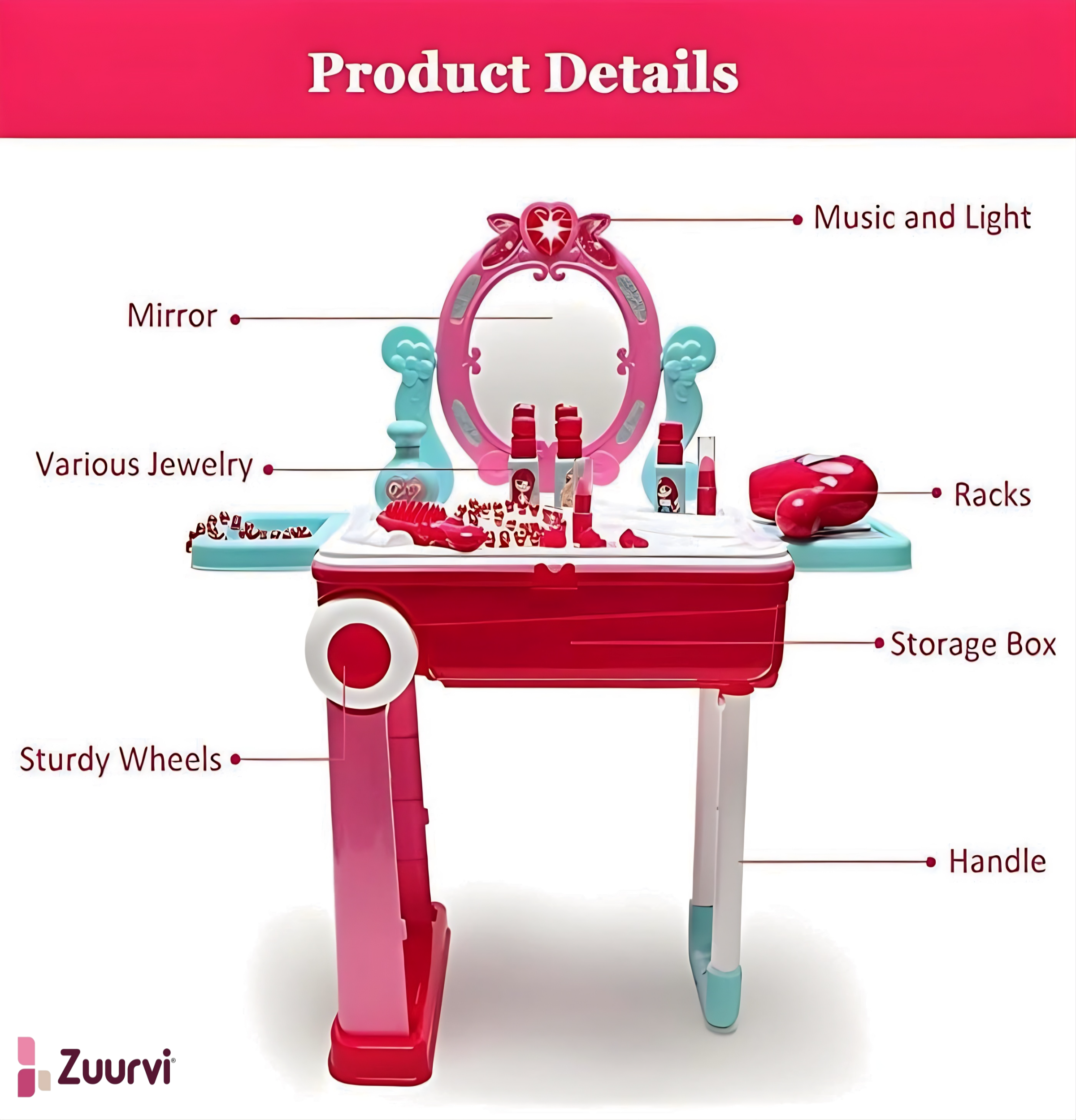 Zuurvi® Portable Fashion Suitcase Vanity Set - 2-in-1 Rolling Trolley Makeup Kit for Toddlers - Interactive Beauty Toy with Light, Sound & 30+ Accessories - Best Birthday Gift for Girls