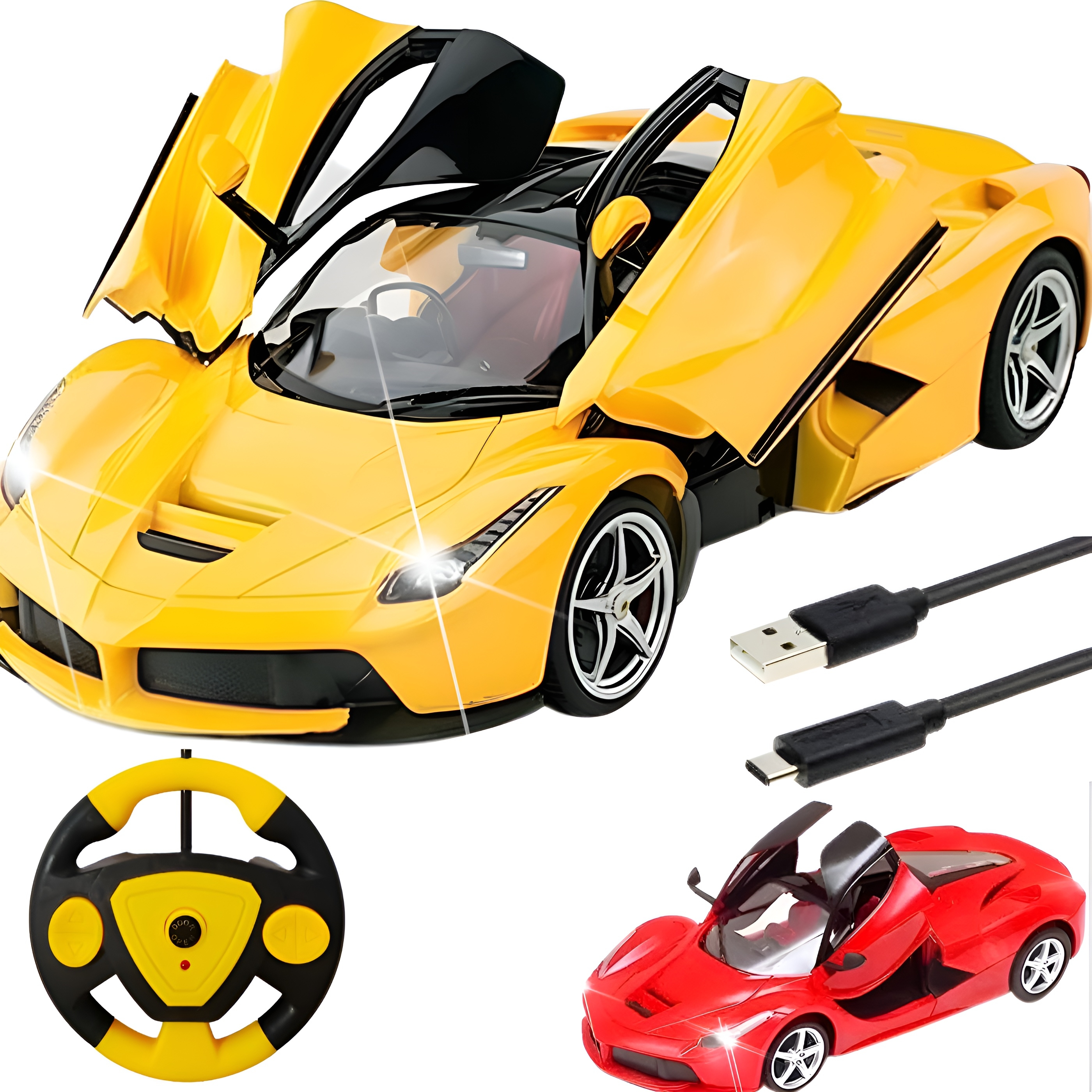 Zuurvi® 1:16 Scale Rechargeable RC Super Car – High-Speed Remote Control Racing Car with Opening Doors & LED Headlights – USB Charging – Toy Gift for Boys & Kids Ages 3+ (Assorted Color) - Pack of 1