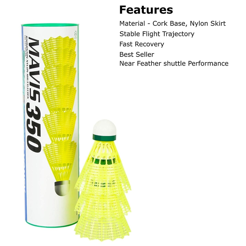 Yonex Mavis 350 Nylon Shuttlecock (Yellow, Pack of 6) – Slow Speed Green Cap Birdies with Natural Cork Base – Durable Training Shuttles with Feather-Like Flight