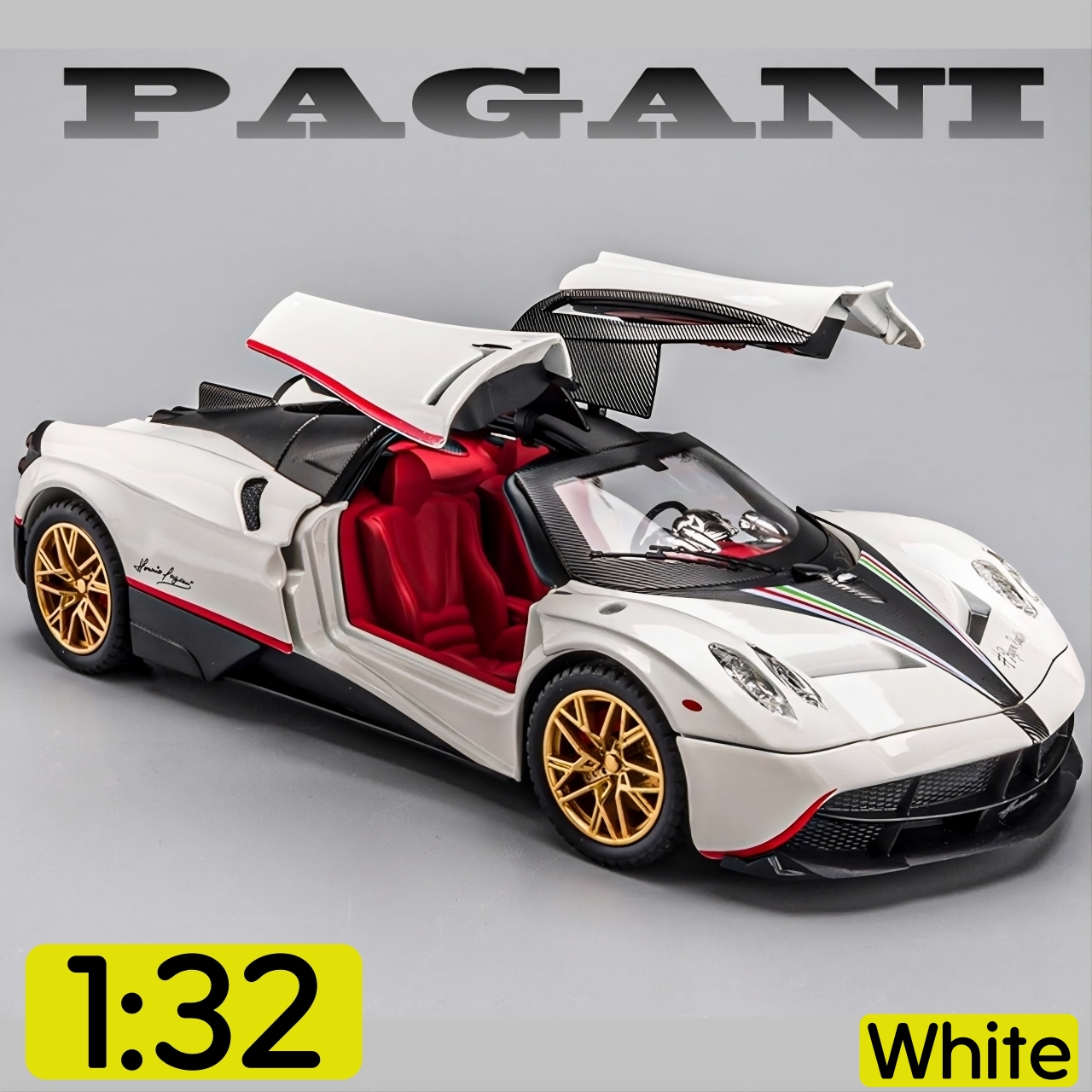 JINCHEJIANG® 1:32 Pagani Huayra Diecast Replica Model Car - Metal Toy Supercar with Opening Gull-wing Doors, Sound & Light, Pull-Back Action