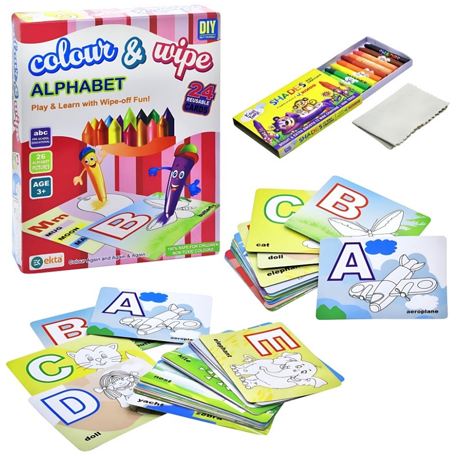 Ekta Colour & Wipe Alphabet Play and Learn – 24 Reusable ABC Flashcards with Crayons & Duster – Educational Preschool Writing & Drawing Kit – Mess-Free Picture-Word Recognition Game – Ages 3 to 5 Years