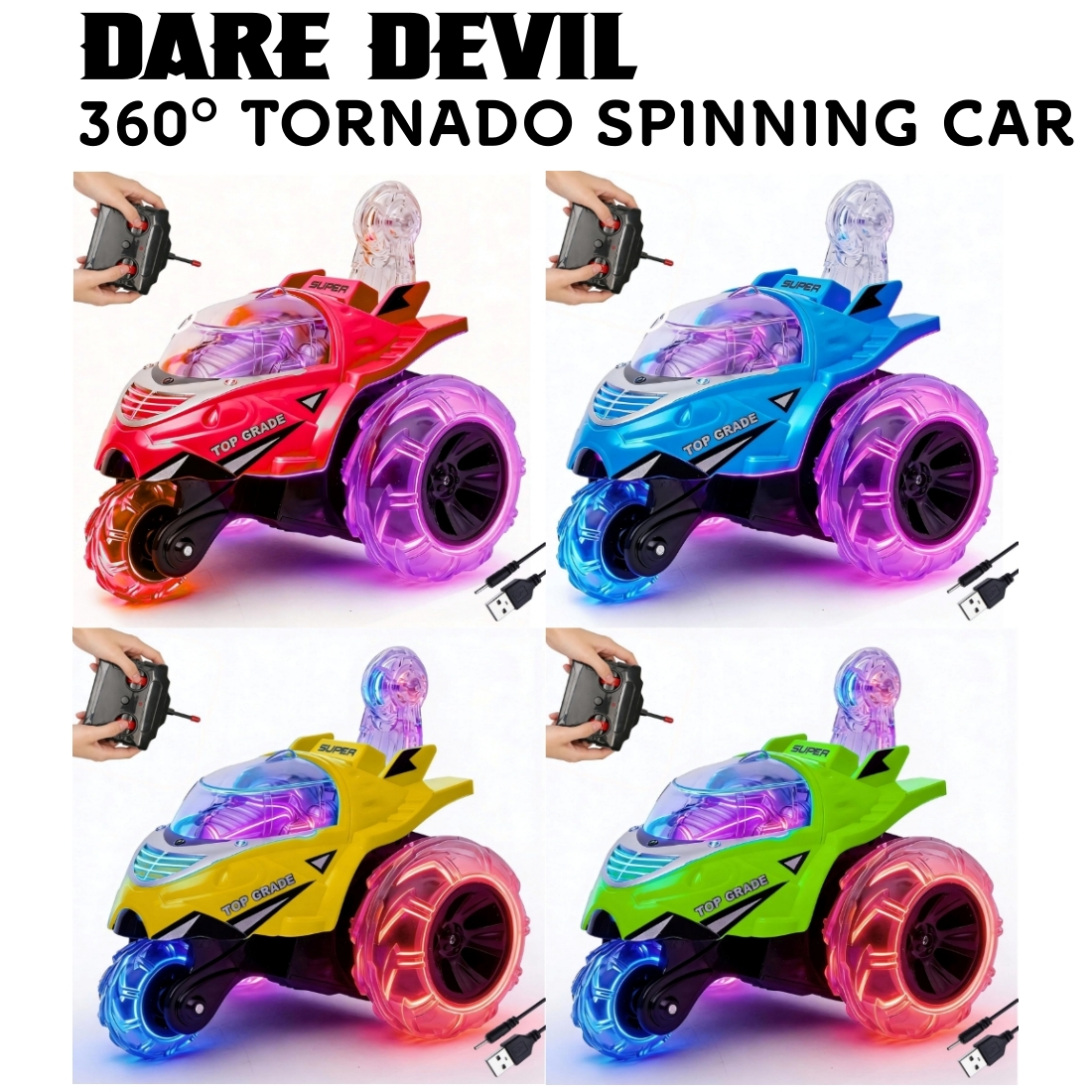 Gooyo GY-0242 Rechargeable Stunt Car for Kids – 360° Tornado Rotation & Reverse Drive Function – Remote Control Car with LED Lights, Music & Demo Mode – USB Charging (Assorted Color) - Pack of 1