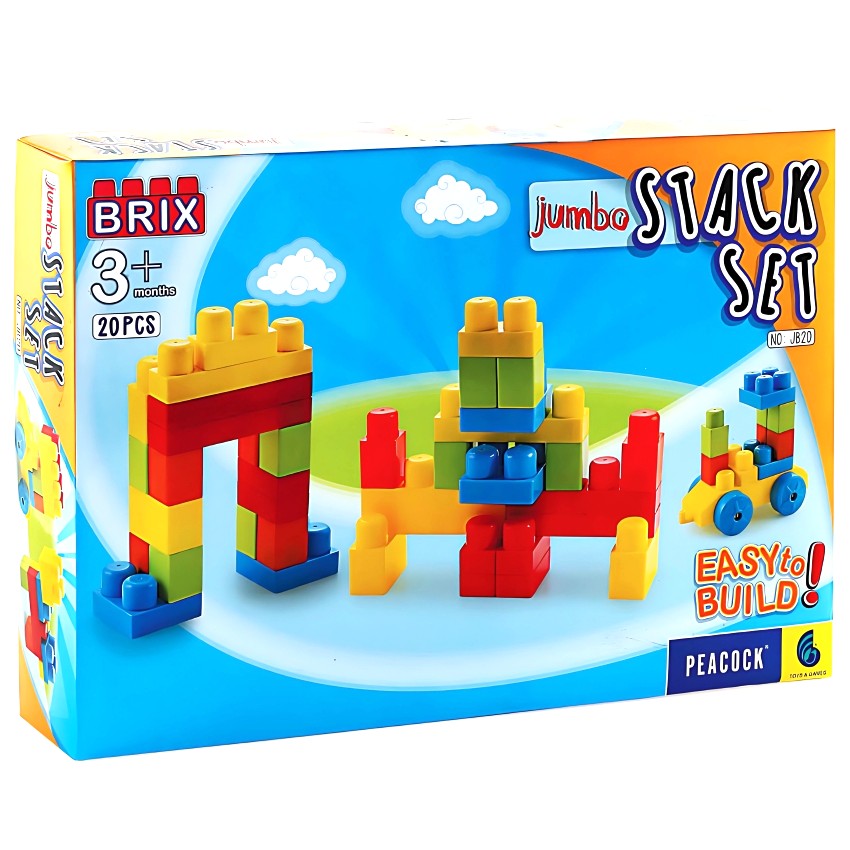 Peacock Jumbo Brix 20 Duplex Box – 20 Piece Extra Large Building Blocks – STEM Educational Construction Toy for Toddlers – Safe & Non-Toxic First Building Set – Ages 3+ Months