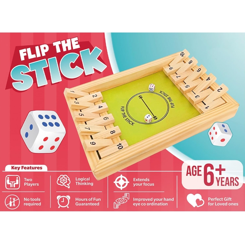 heKu Flip the Stick Wooden Board Game – 2 Player Shut the Box Dice Game – Fast-Paced Math & Strategy Toy for Kids & Adults – Premium Handcrafted Wood – Ages 6+ Years