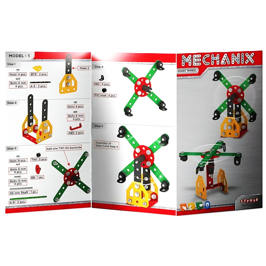 Zephyr Mechanix Beginner Giant Wheel STEM Building Set – 2-in-1 Metal Construction Toy for Kids Ages 7+ – Introductory Engineering Kit – Builds Ferris Wheel & Windmill Models