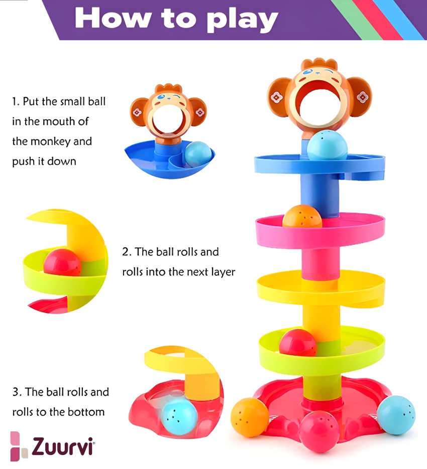 Zuurvi® Roll Ball Swirling Tower – 5-Tier Ball Drop & Roll Ramp Toy for Toddlers – Educational STEM Development Toy for Babies 9+ Months – Improves Fine Motor Skills & Coordination