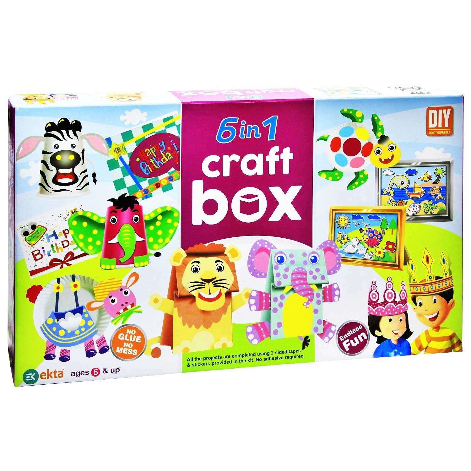Ekta 6-in-1 DIY Craft Box for Kids – Multi-Activity Art Set Includes Paper Cup Puppets, Greeting Cards, Quilling & Wooden Stick Art – Complete Mess-Free Craft Kit for Boys & Girls Ages 5+