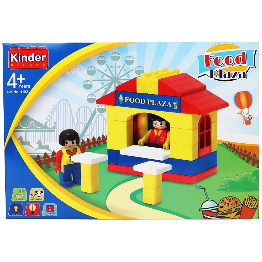 Peacock Kinder Blocks Food Plaza – Beginner Building Set for Kids – Colorful Food Court & Restaurant Construction Toy – STEM Educational Blocks for Preschoolers – Ages 4+ Years