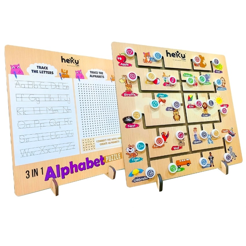 heKu 3-in-1 Wooden Alphabet Puzzle – Montessori Educational Learning Toy for Toddlers – Letter Recognition, Spelling & Word Building Set – Safe & Non-Toxic – Ages 6+ Years