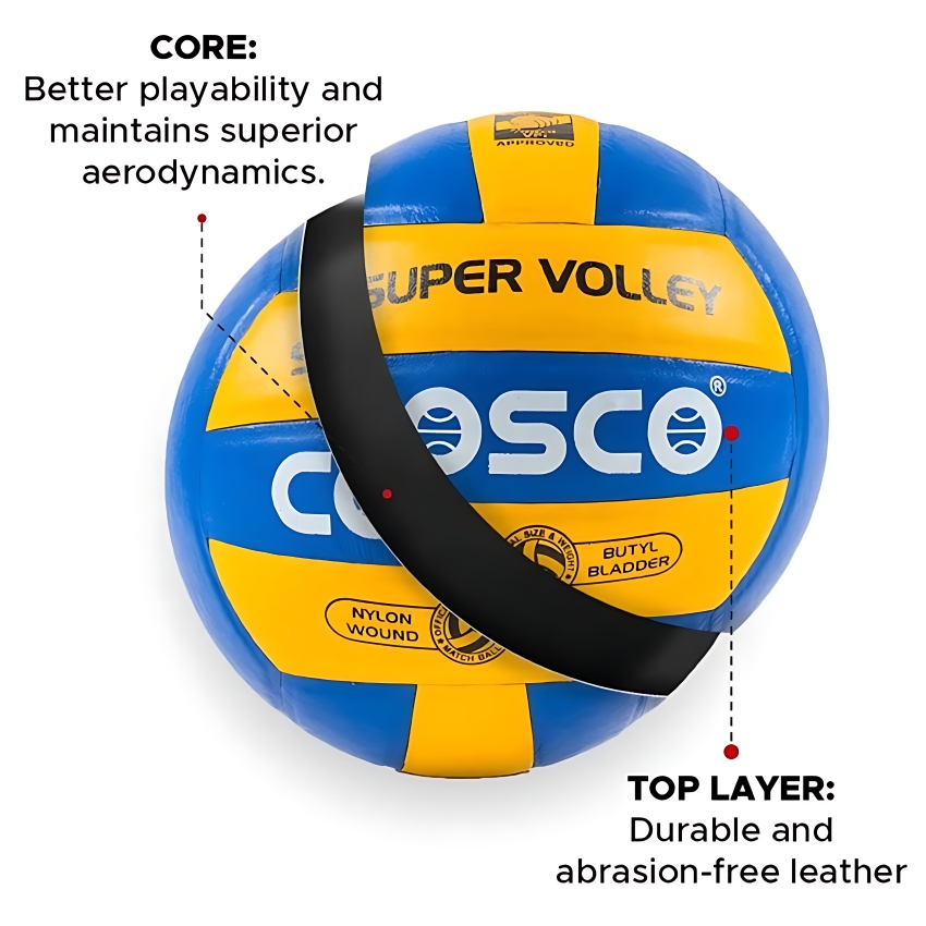 Cosco Super Volleyball – VFI Approved Professional Match Ball – Genuine Leather 18-Panel Design – High-Durability Training Ball with Butyl Bladder – Official Tournament Size